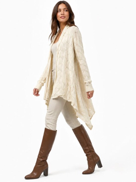 Monari Sweaters - Monari Cream Merino Wool Cashmere Cable Knit Draped Cardigan L/XL Italy